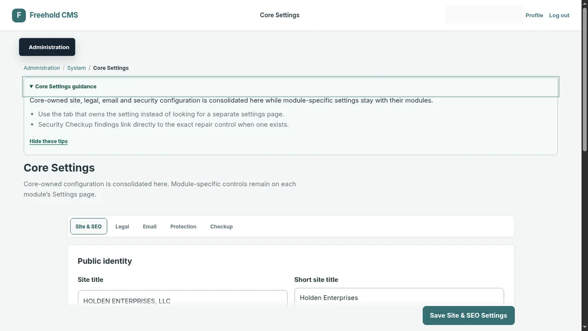 Freehold CMS Core Settings screen configured for Holden Industrial